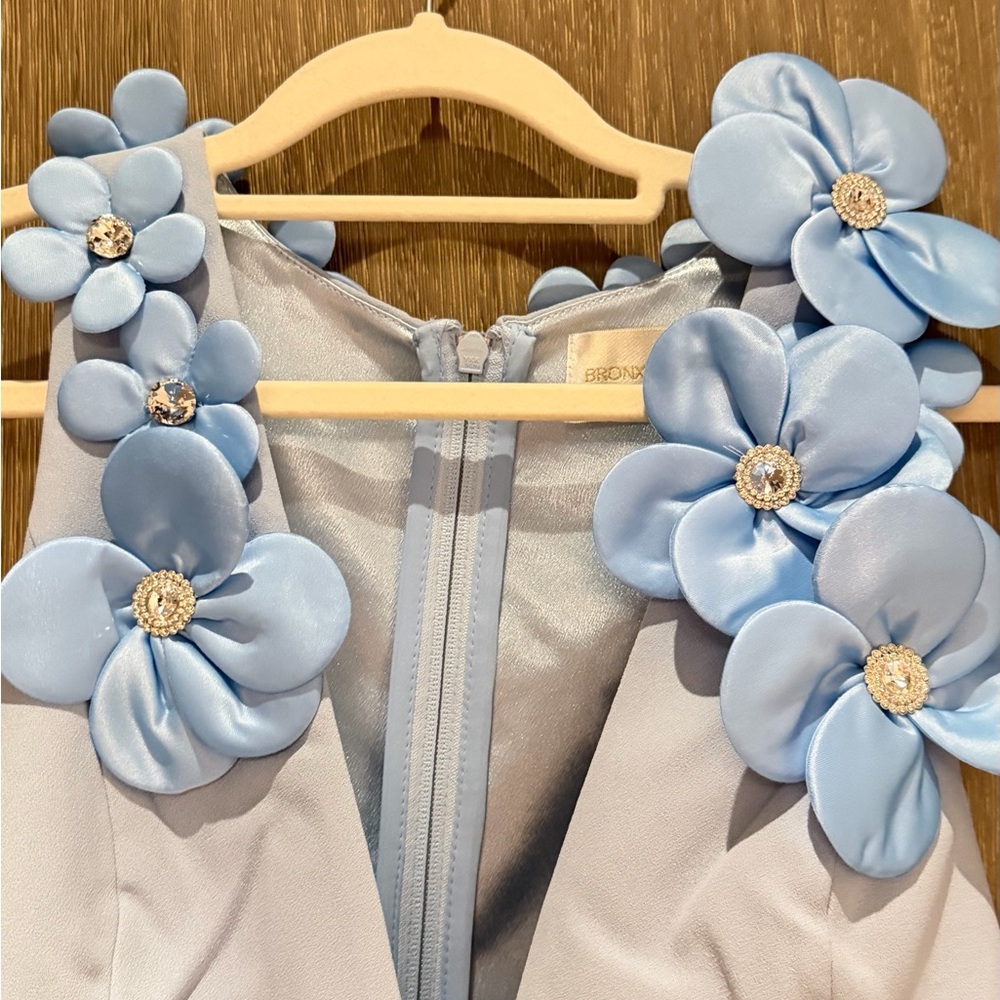 bronx and banco Light Blue Floral Appliqué V-Neck Mini Dress-RRP$895 - Picture 9 of 13